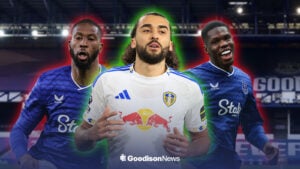 Dominic Calvert-Lewin in a Leeds shirt highlighted in green alongside Thierno Barry and Beto in Everton shirts outlined in red.