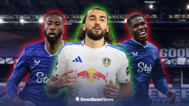 Dominic Calvert-Lewin in a Leeds shirt highlighted in green alongside Thierno Barry and Beto in Everton shirts outlined in red.