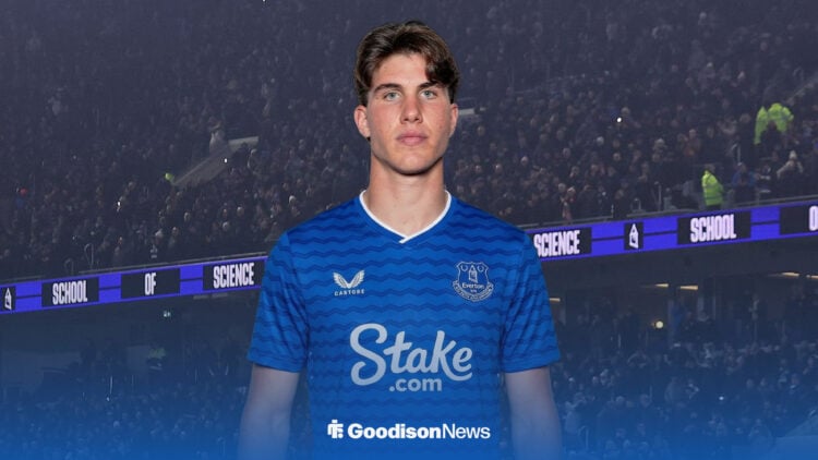 Cesare Casadei in an Everton shirt at Hill Dickinson stadium