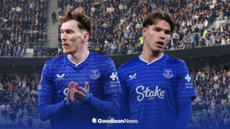 James Garner and Tyler Diblin inside of Everton's ground, Hill Dickinson Stadium.