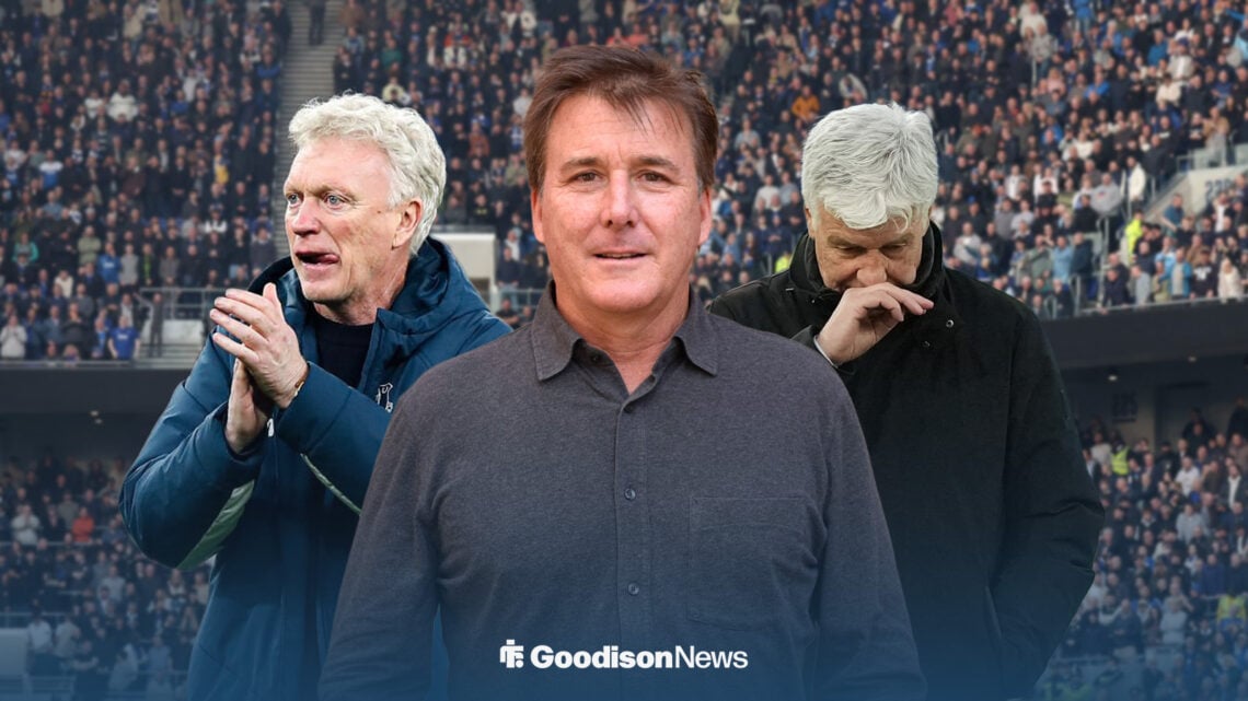 Dan Friedkin looking ahead with David Moyes on his left and Gian Piero Gasperini on the right