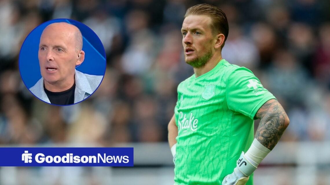 Jordan Pickford with hands on hips with Mike Dean on left in circular inset