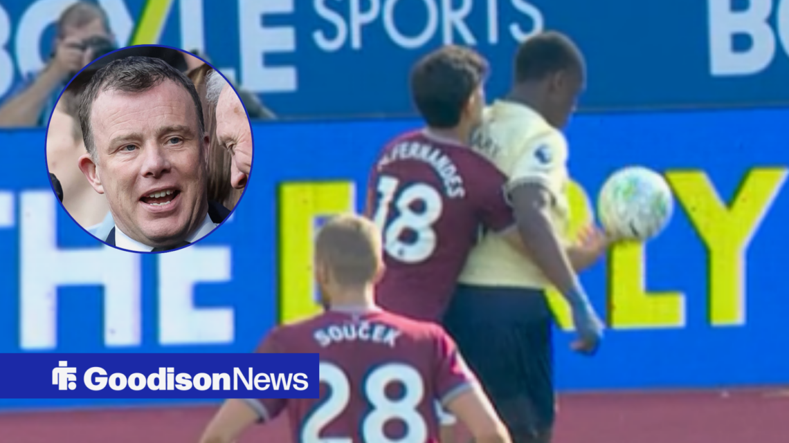 A screenshot of Mateus Fernandes' handball during West Ham v Everton, alongside a circlular inset of Angus Kinnear (top left)