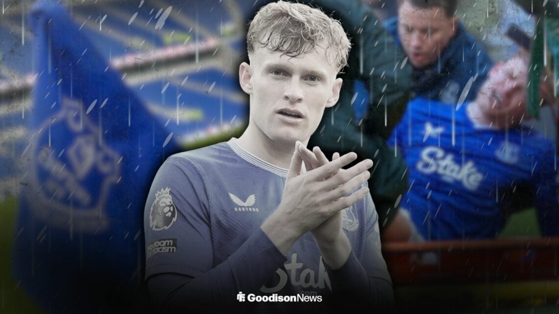 Jarrad Branthwaite playing for Everton alongside Jarrad Branthwaite on a stretcher for Everton