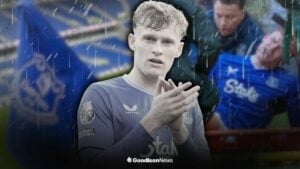 Jarrad Branthwaite playing for Everton alongside Jarrad Branthwaite on a stretcher for Everton