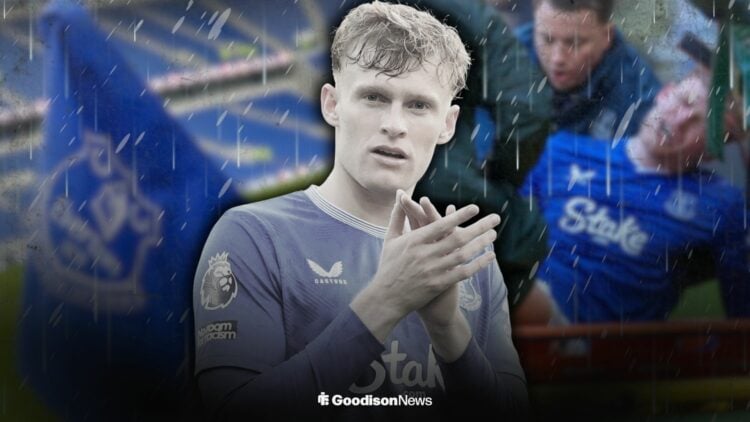 Jarrad Branthwaite playing for Everton alongside Jarrad Branthwaite on a stretcher for Everton