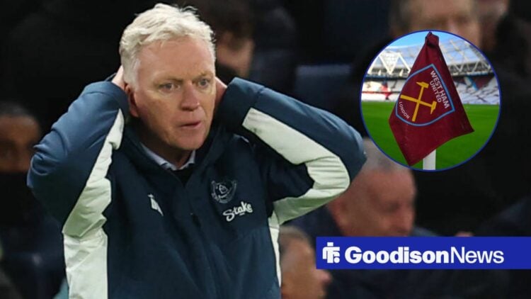 David Moyes looking gutted towards a circle inset of a West Ham flag at the London Stadium