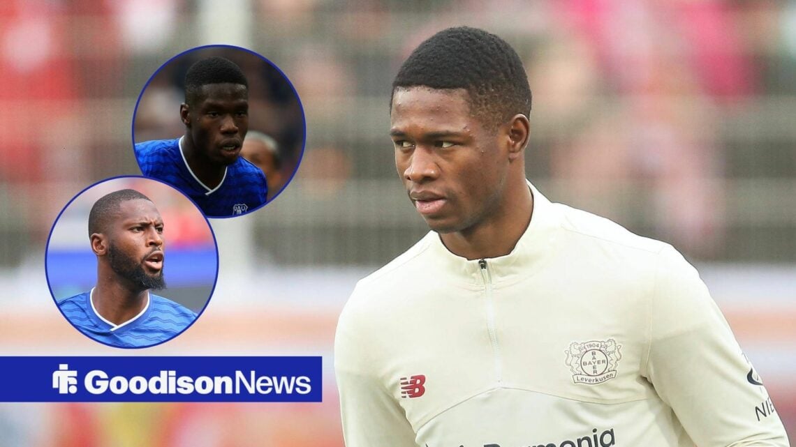 Christian Kofane in action for Bayer Leverkusen with Beto and Thierno Barry in circular insets