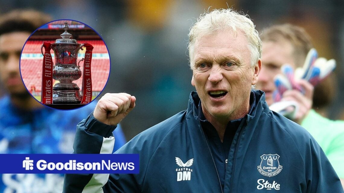 David Moyes celebrating on the pitch with FA Cup trophy in circular inset