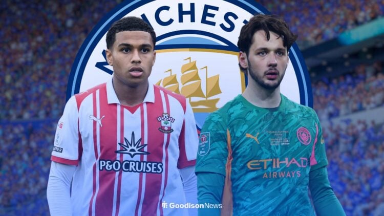 James Trafford and Shea Charles with Man City badge