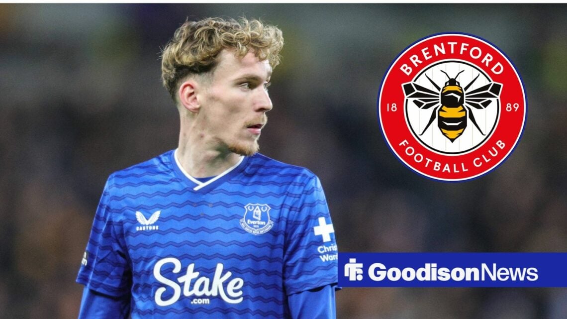 James Garner in action for Everton looking towards circular inset of Brentford badge