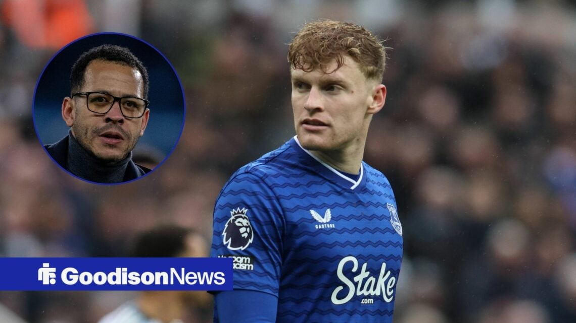 Jarrad Branthwaite in action for Everton with Liam Rosenior looking on in circular inset