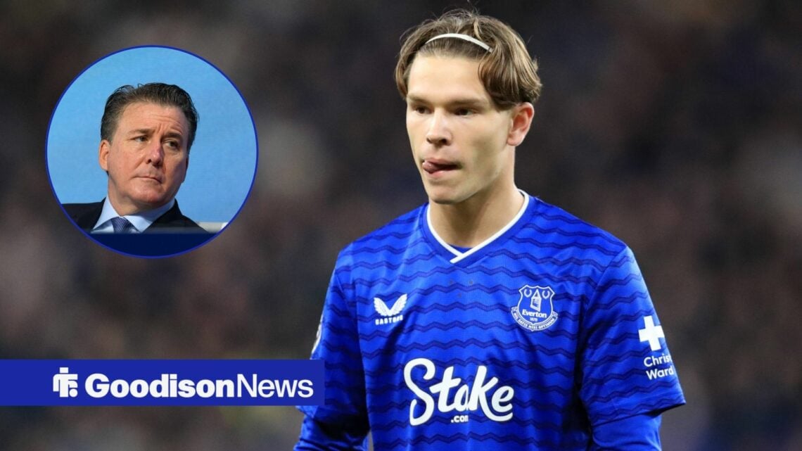 Tyler Dibling for Everton with Dan Friedkin in circular inset