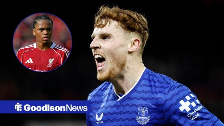 Jake O'Brien shouting for Everton with Rio Ngumoha in circular inset