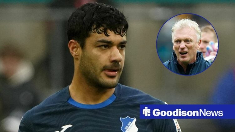 Ozan Kabak in action for Hoffenheim with David Moyes in circular inset
