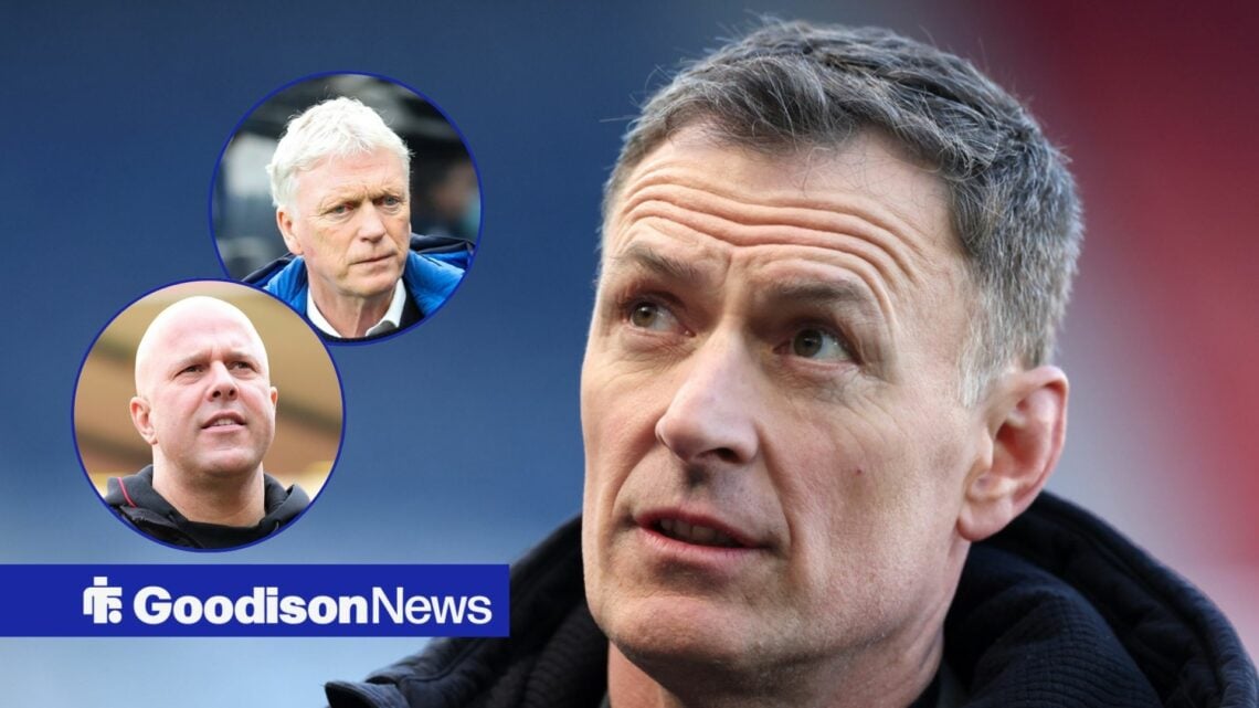 Chris Sutton looks on with David Moyes and Arne Slot in circular insets