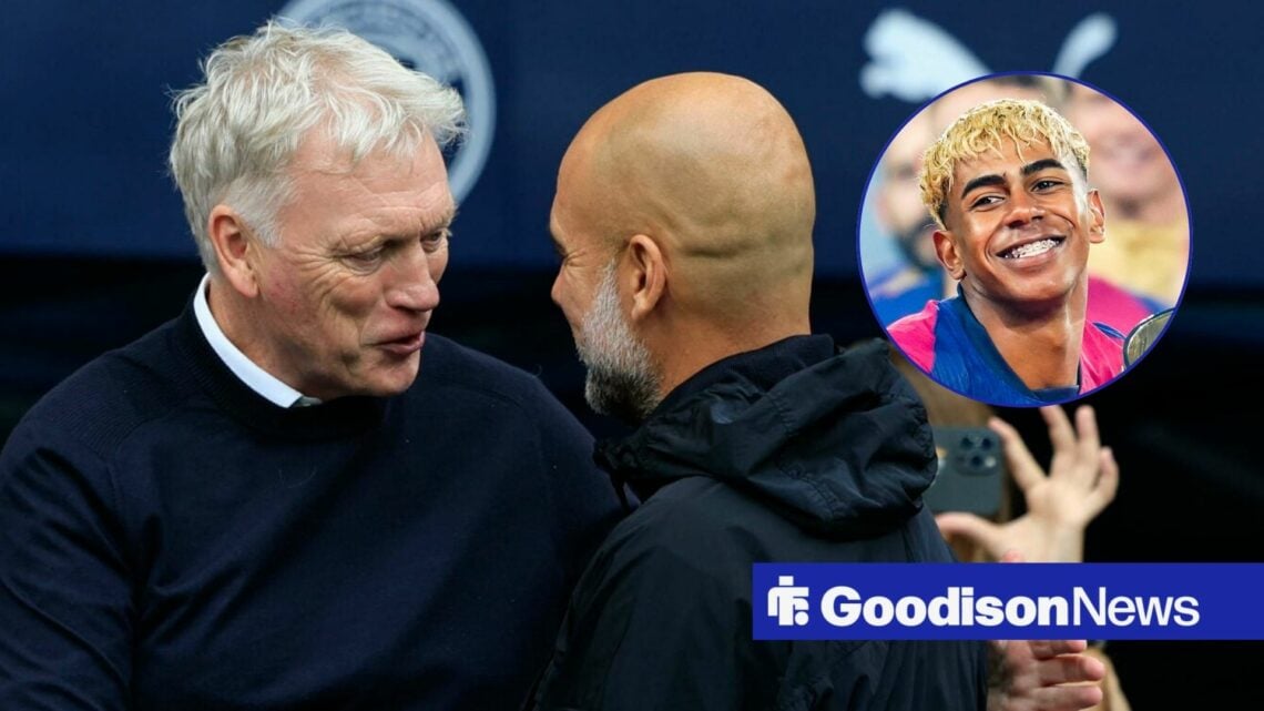 Everton manager David Moyes looking in the direction of Manchester City boss Pep Guardiola as Lamine Yamal of Barcelona smiles at them.
