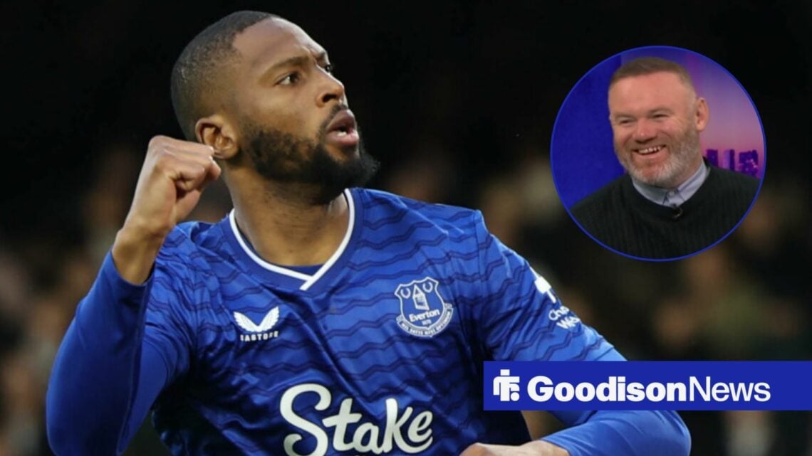 Beto celebrating scoring for Everton looking towards Wayne Rooney speaking on Match of the Day