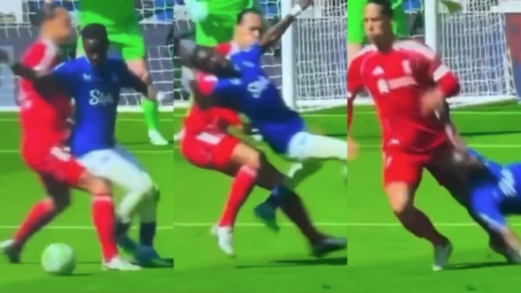 Liverpool defender Virgil van Dijk making a bad challenge on Everton midfielder Idrissa Gueye