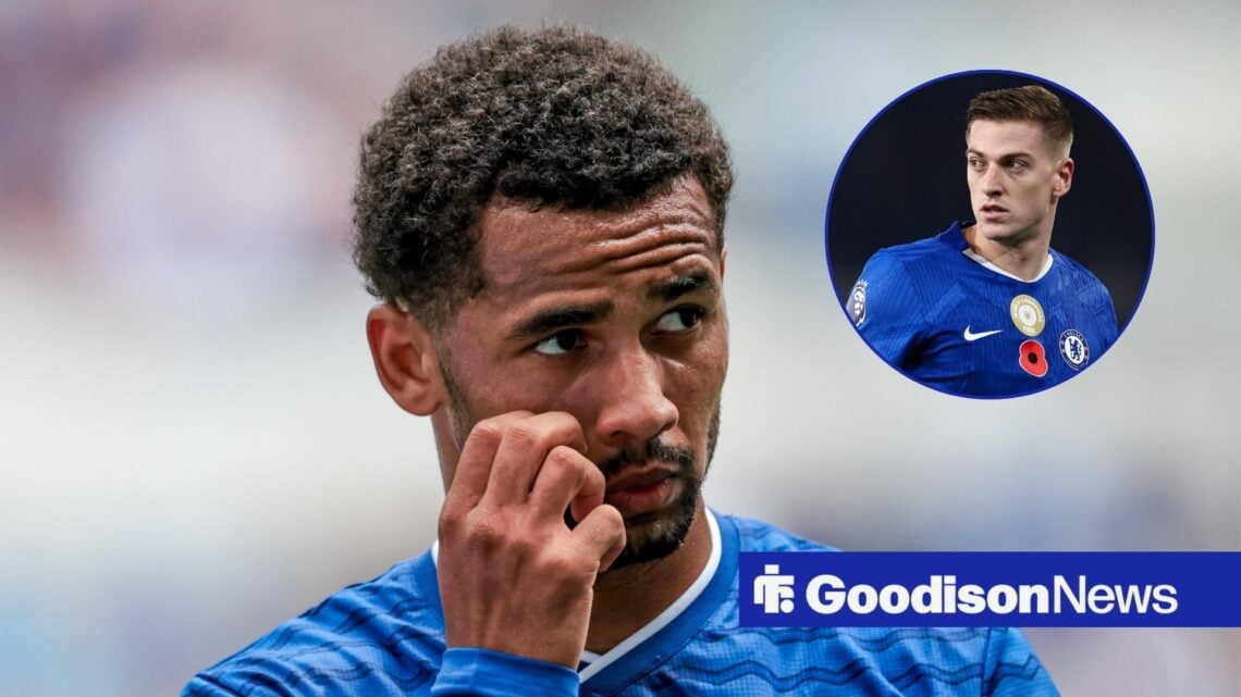 Iliman Ndiaye for Everton with Liam Delap in circular inset