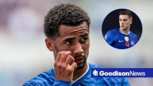 Iliman Ndiaye for Everton with Liam Delap in circular inset