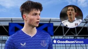 Esmir Bajraktarevic in an Everton shirt while looking at Fulham's Harry Wilson.