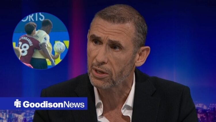 Martin Keown reacting to Everton penalty shoutout with circular inset of Mateus Fernandes and Thierno Barry incident