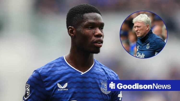 Thierno Barry in action for Everton with David Moyes in circular inset