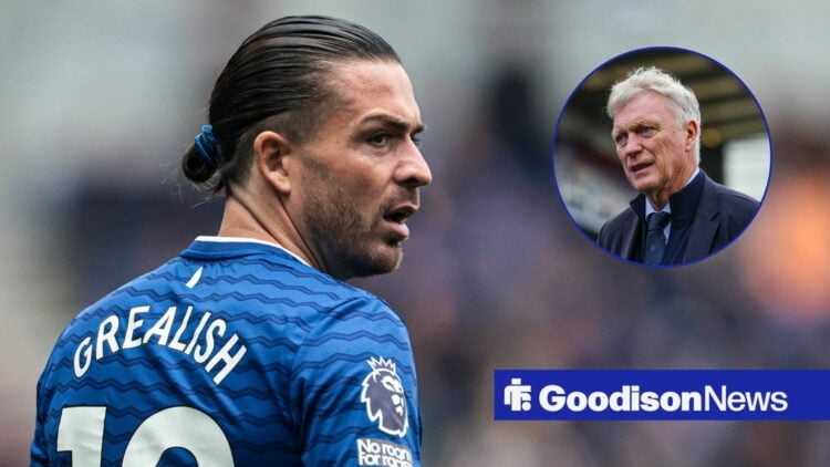 Jack Grealish in action for Everton with Moyes in circular inset