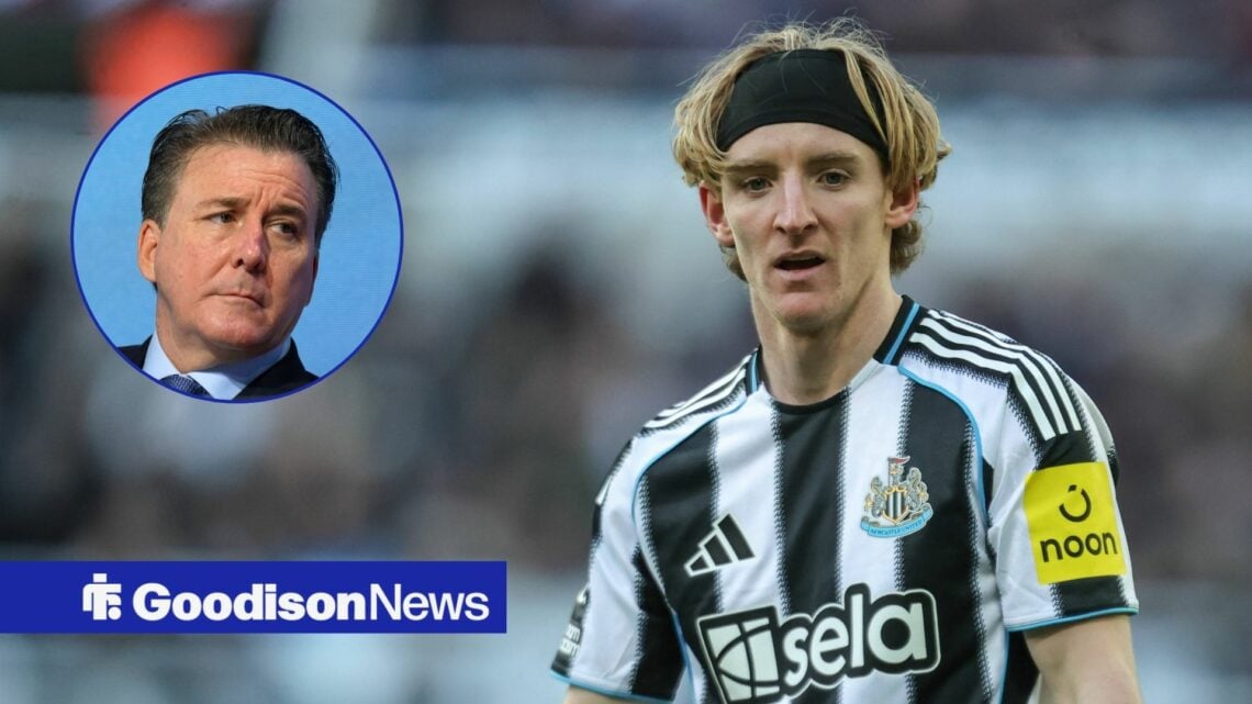 Everton owner Dan Friedkin looking at Newcastle United's Anthony Gordon.