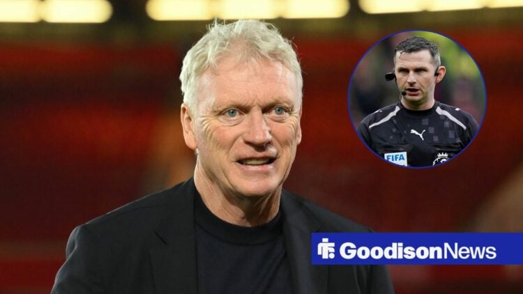 David Moyes smiling with Michael Oliver in circular inset