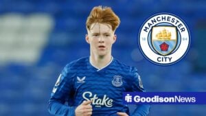 Braiden Graham in action for Everton with circular inset of Man City badge