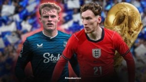 Jarrad Branthwaite looking annoyed playing for Everton alongside James Garner playing for England