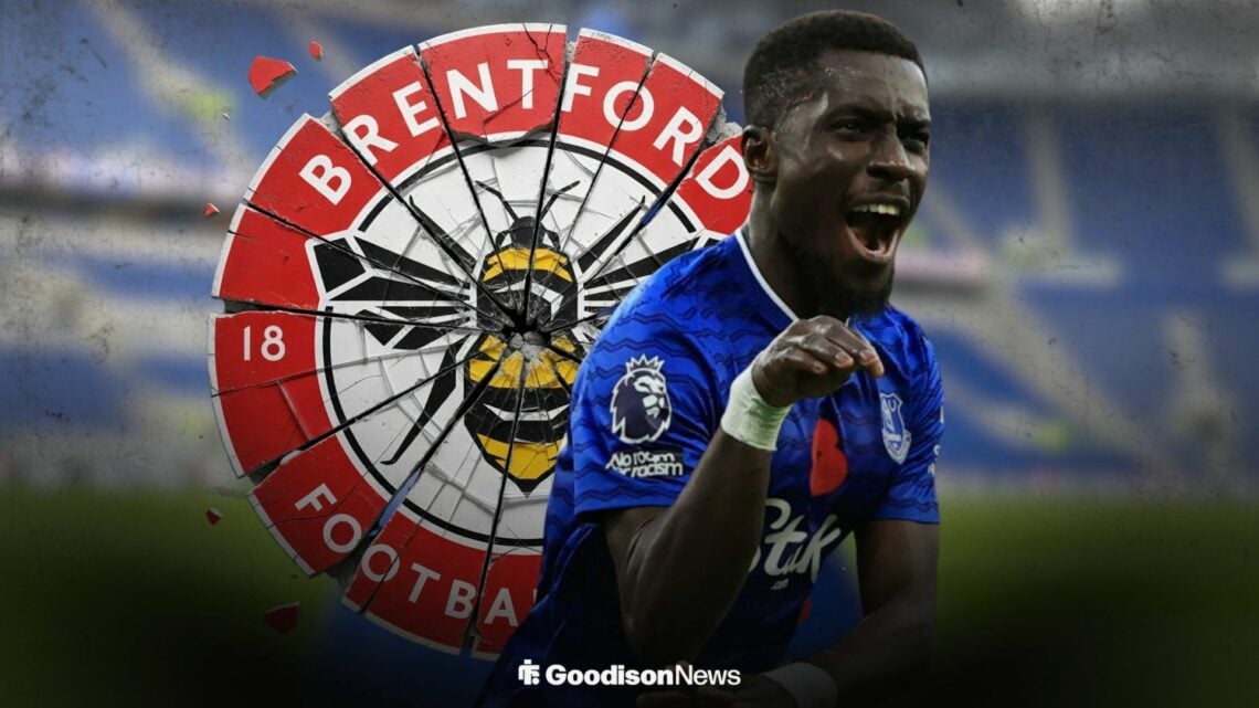 Idrissa Gueye celebrating for Everton alongside a smashed up Brentford badge