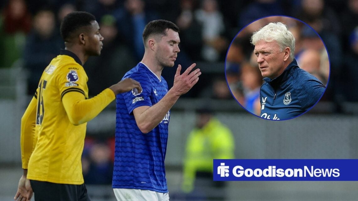 Yerson Mosquera and a frustrated Michael Keane, with a scowling David Moyes (inset)