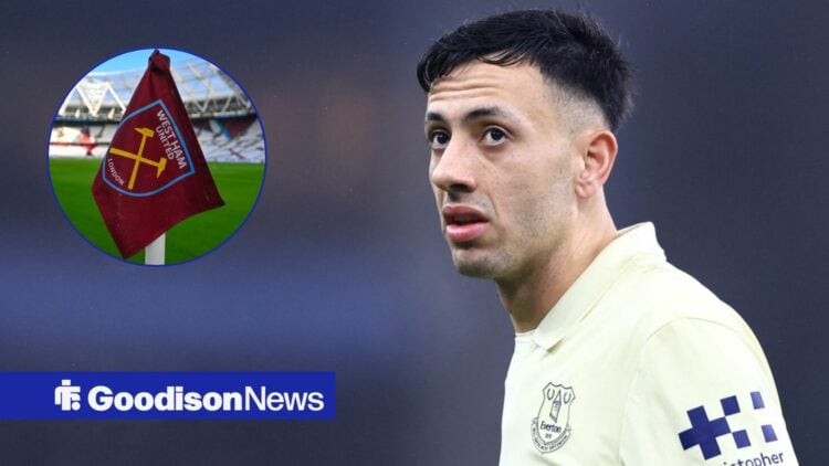 Dwight McNeil in an Everton away kit looking towards a circle inset of a West Ham flag
