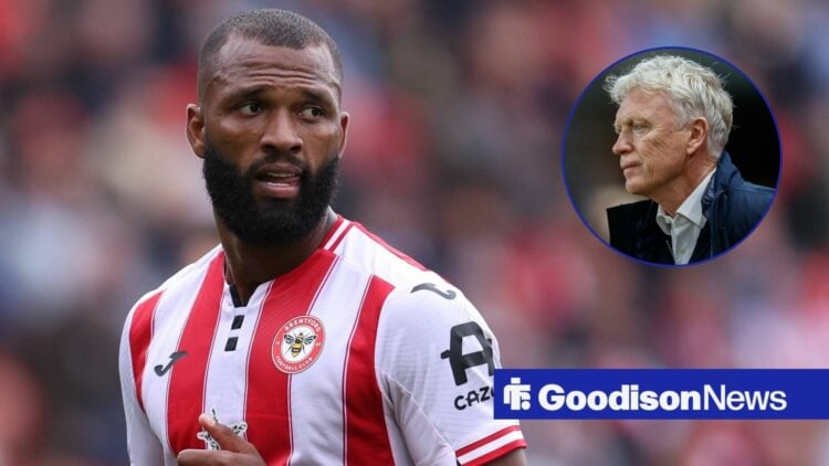 Igor Thiago playing for Brentford looking towards a circle inset of David Moyes