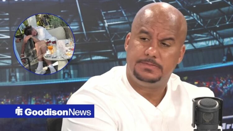 Gabby Agbonlahor speaking on talkSPORT looking towards a circle inset image of Jack Grealish