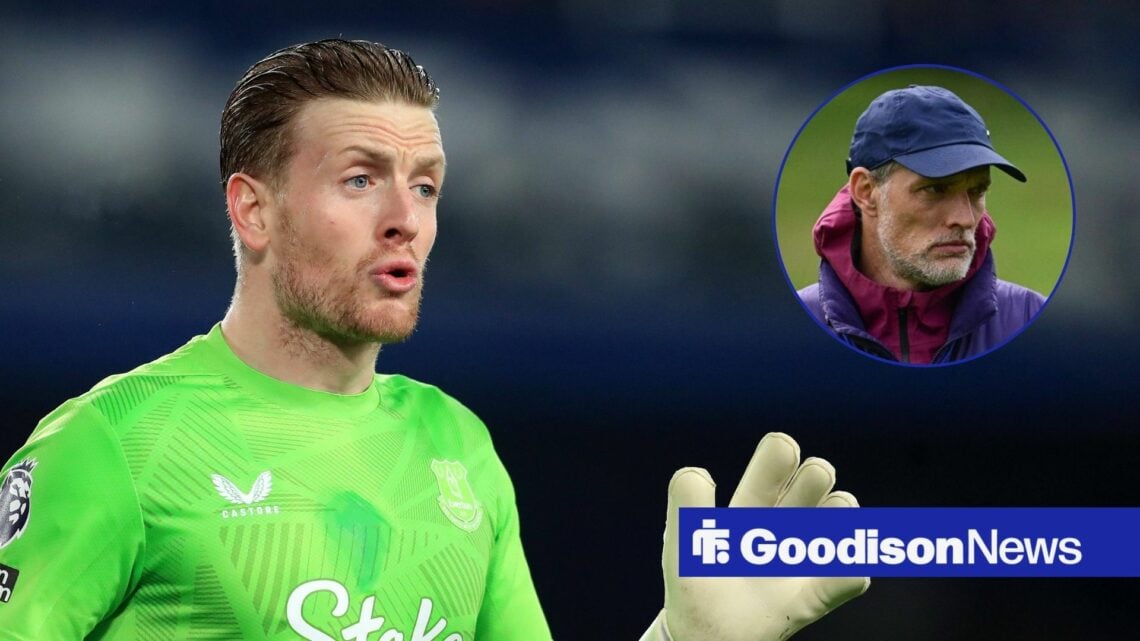 Everton goalkeeper Jordan Pickford gestures during a match, alongside a circular inset of Thomas Tuchel watching England training (top right)