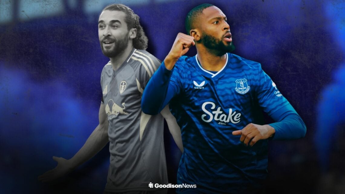 Dominic Calvert-Lewin playing for Leeds United alongside Beto celebrating for Everton