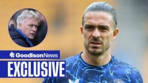 Jack Grealish looking annoyed towards a circle inset of David Moyes looking annoyed