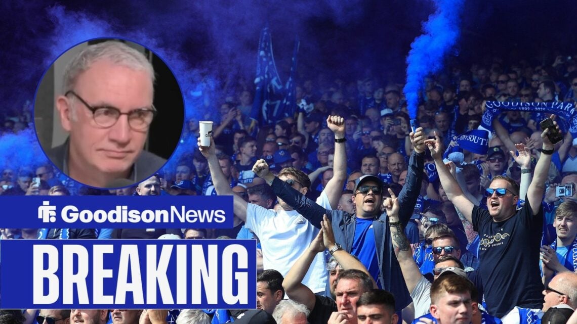 Kieran Maguire looking in the direction of Everton fans.