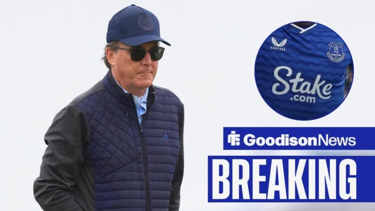 Dan Friedkin looking in the direction of Everton's home shirt from the 2025-26 season, which features Stake's logo.