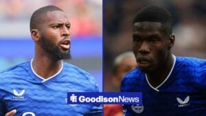 Beto for Everton on the left with Thierno Barry on the right