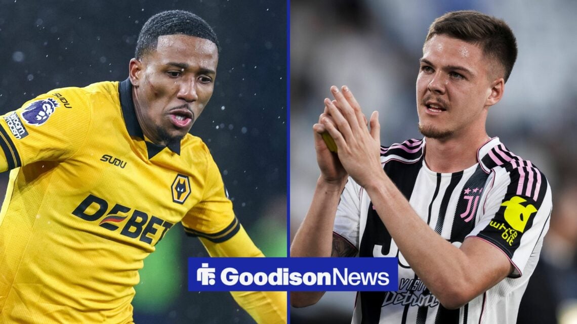 Jackson Tchatchoua in action for Wolves on the left with Emil Holm applauding fans on the right at Juventus