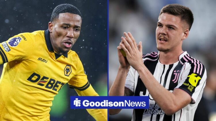 Jackson Tchatchoua in action for Wolves on the left with Emil Holm applauding fans on the right at Juventus