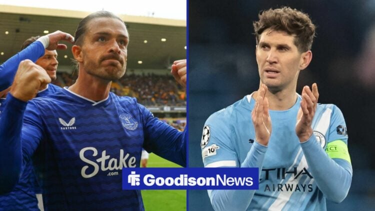 Everton winger Jack Grealish celebrating after scoring against Wolves in the Premier League while alongside Manchester City captain John Stones, wh...