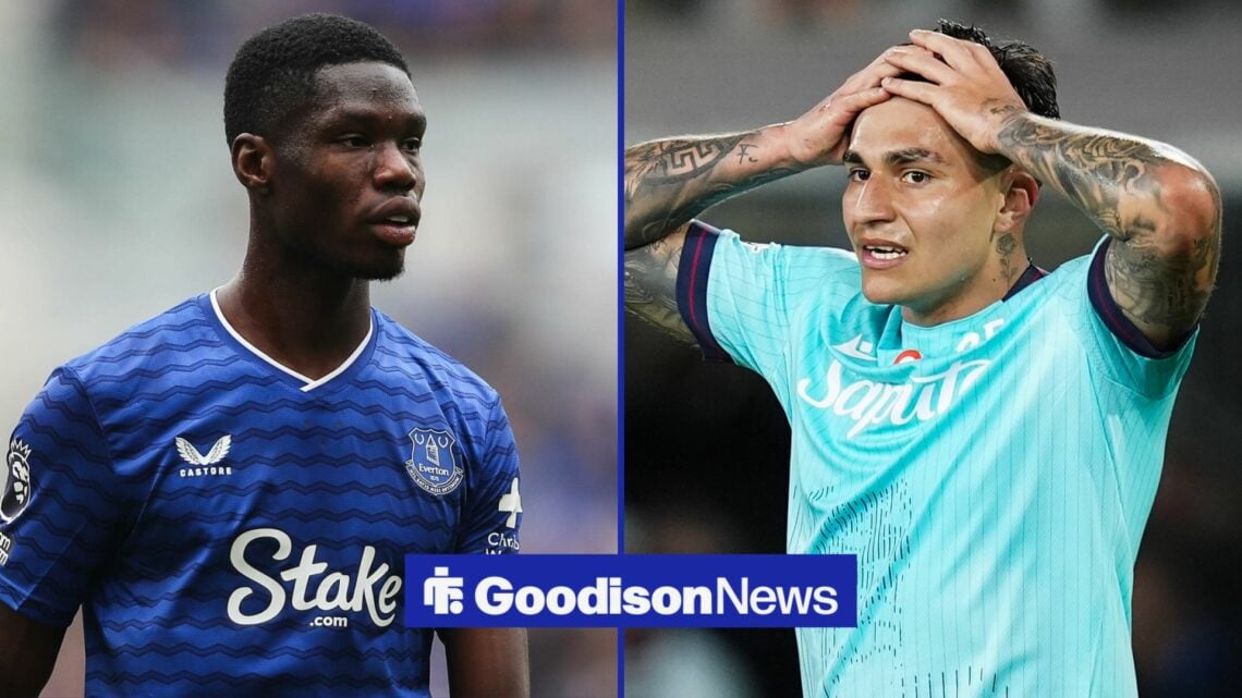 Everton striker Thierno Barry next to Bologna star Santiago Castro.