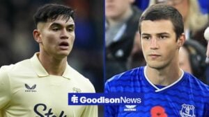 Charly Alcaraz playing for Everton looking towards Merlin Rohl playing for Everton