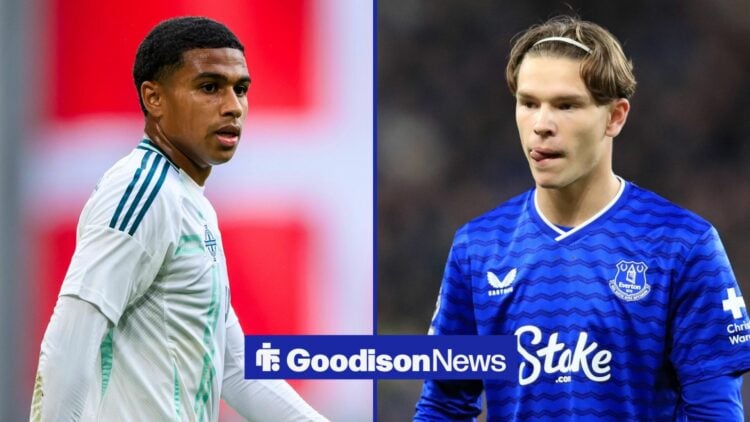 Shea Charles looking on from the left with Tyler Dibling in action for Everton on the right